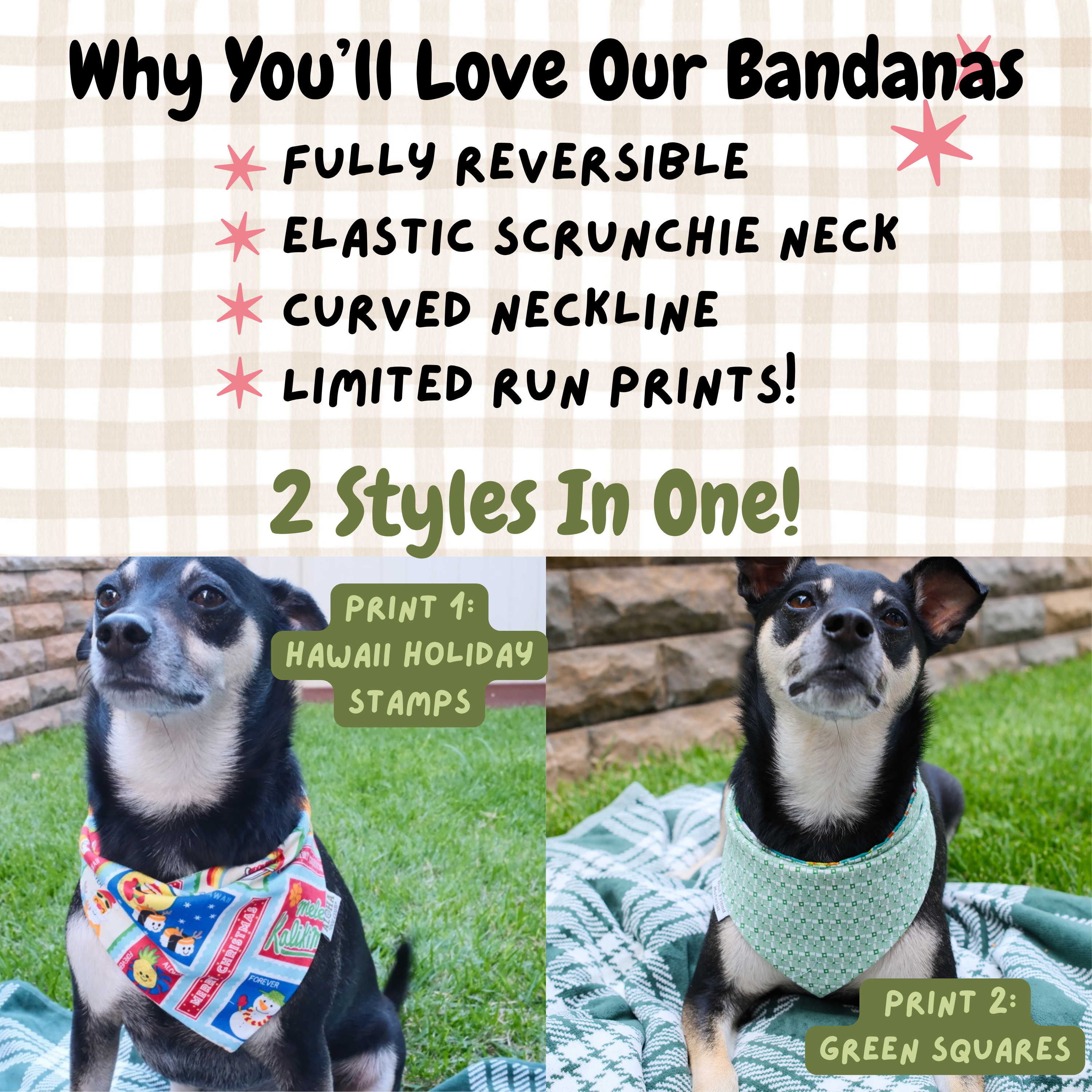 Hawaii Holiday Stamps Reversible Dog Bandana