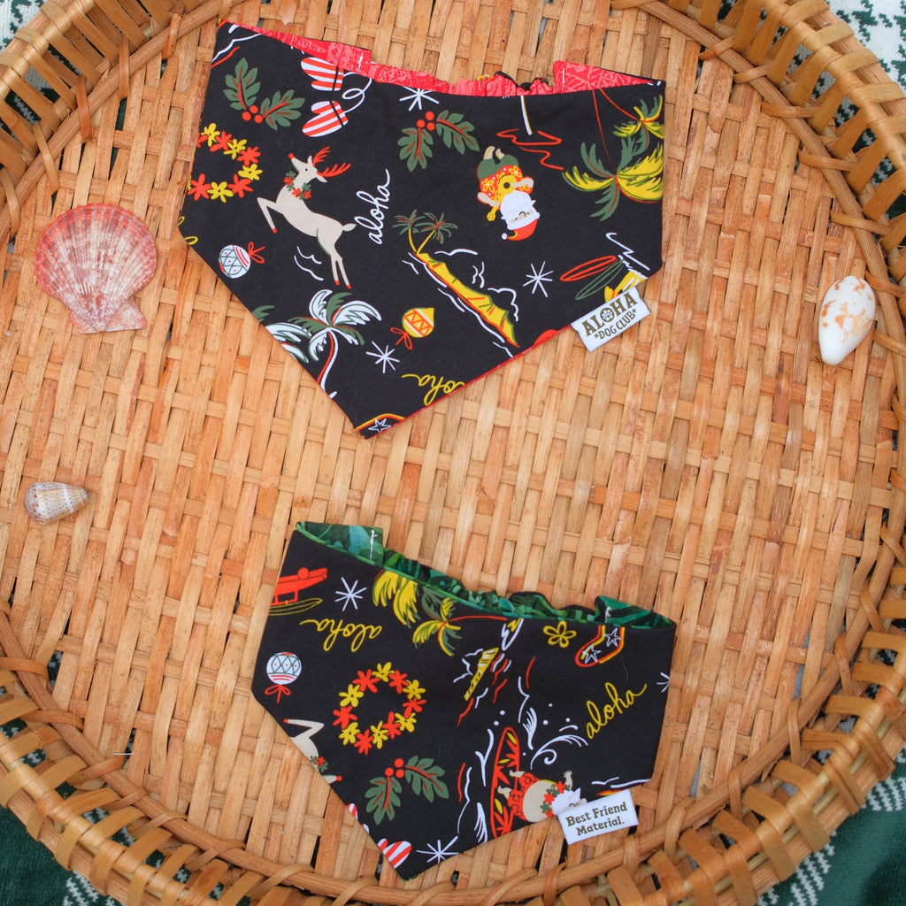 Surfing Santa Reversible Dog Bandana - Black
