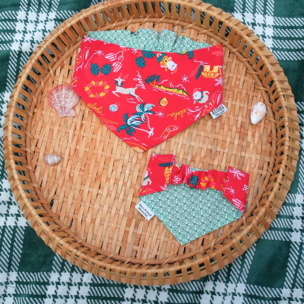 Surfing Santa Reversible Dog Bandana - Red